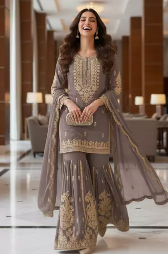 Grey embroidered chanderi free size stiched kurta sharara set with dupatta for women