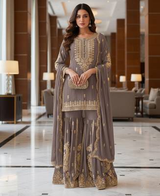 Grey embroidered chanderi free size stiched kurta sharara set with dupatta for women 4