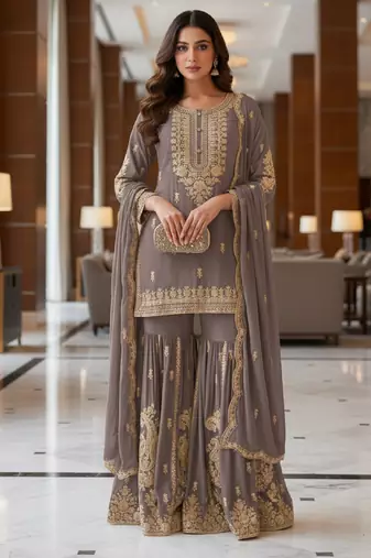 Grey embroidered chanderi free size stiched kurta sharara set with dupatta for women