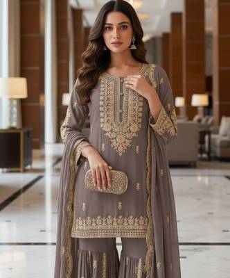 Grey embroidered chanderi free size stiched kurta sharara set with dupatta for women 5
