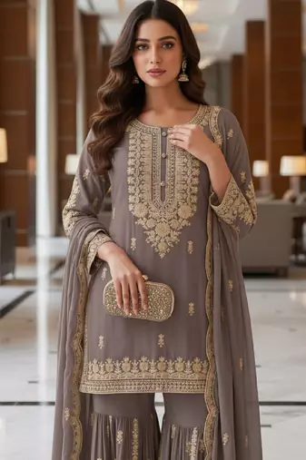 Grey embroidered chanderi free size stiched kurta sharara set with dupatta for women