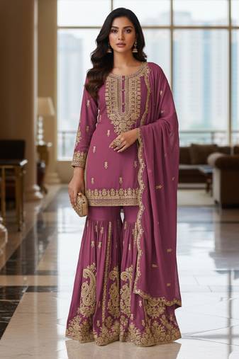 Purple embroidered chanderi free size stiched kurta sharara set with dupatta for women