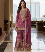 Purple embroidered chanderi free size stiched kurta sharara set with dupatta for women