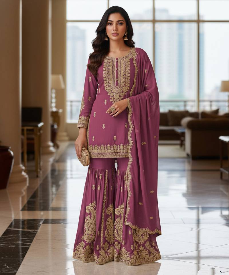 Purple embroidered chanderi free size stiched kurta sharara set with dupatta for women