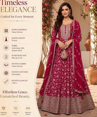 Dark pink embroidered heavy viscose anarkali free size stiched kurta set with dupatta for women 2
