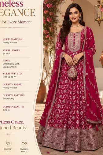 Dark pink embroidered heavy viscose anarkali free size stiched kurta set with dupatta for women