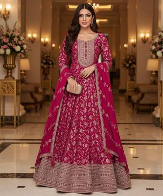 Dark pink embroidered heavy viscose anarkali free size stiched kurta set with dupatta for women 3