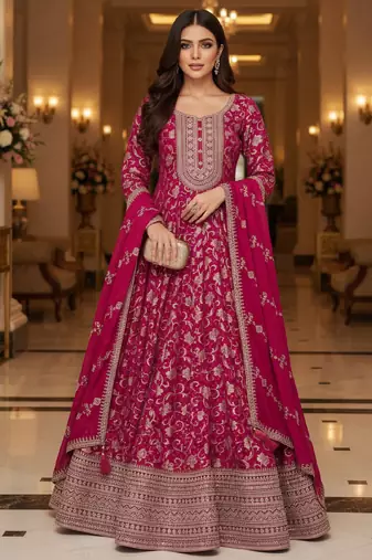 Dark pink embroidered heavy viscose anarkali free size stiched kurta set with dupatta for women