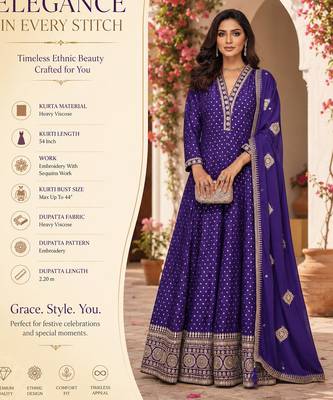 Royal purple embroidered heavy viscose anarkali free size stiched kurta set with dupatta for women 2