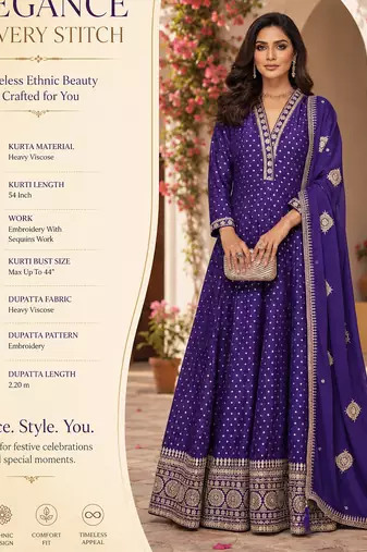 Royal purple embroidered heavy viscose anarkali free size stiched kurta set with dupatta for women