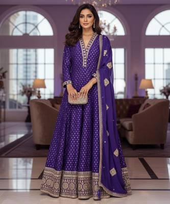 Royal purple embroidered heavy viscose anarkali free size stiched kurta set with dupatta for women 3