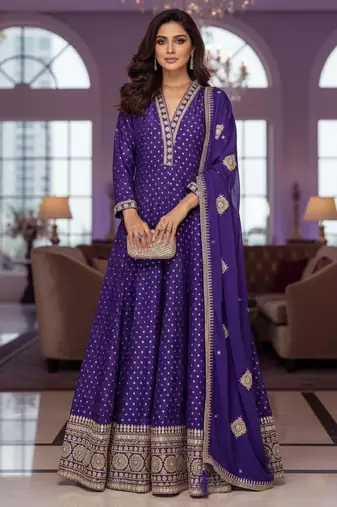 Royal purple embroidered heavy viscose anarkali free size stiched kurta set with dupatta for women
