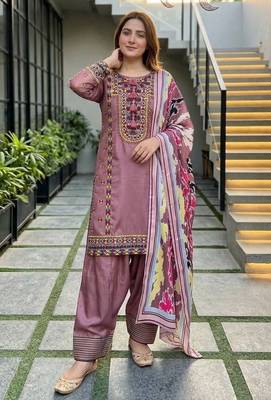 Peach heavy natural silk palazzo set with embroidery & digital dupatta 4