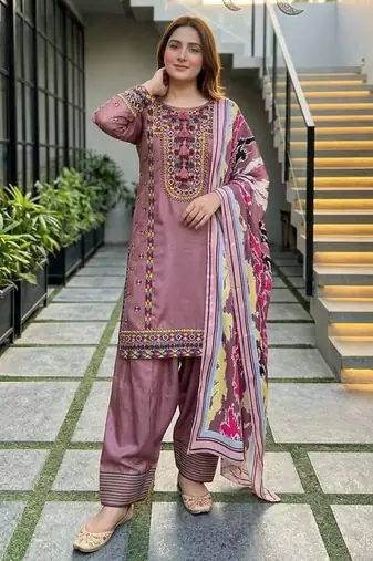 Peach heavy natural silk palazzo set with embroidery & digital dupatta