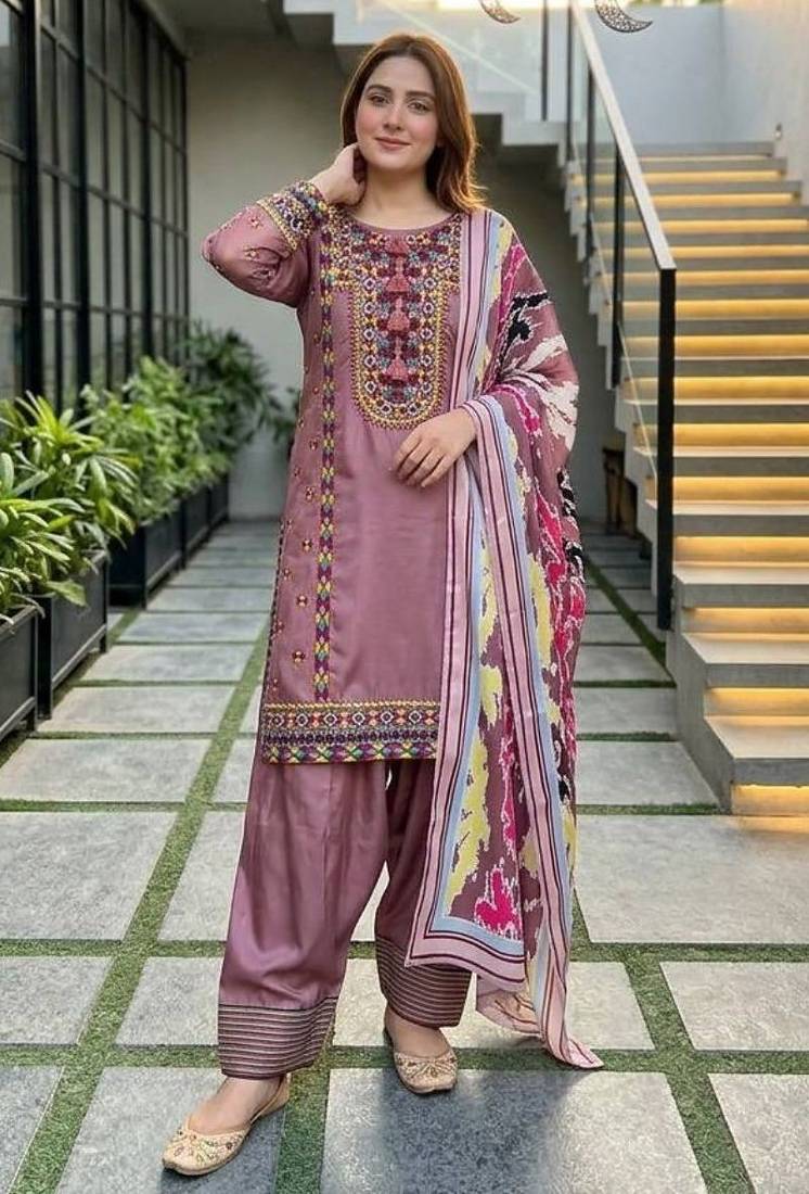 Peach heavy natural silk palazzo set with embroidery & digital dupatta