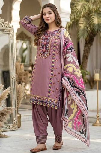 Peach heavy natural silk palazzo set with embroidery & digital dupatta