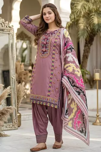 Peach heavy natural silk palazzo set with embroidery & digital dupatta