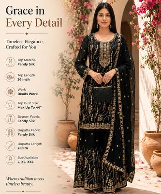 Black embroidered fandy silk stiched kurta sharara set with dupatta for women 2