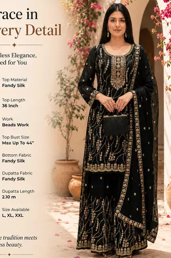 Black embroidered fandy silk stiched kurta sharara set with dupatta for women