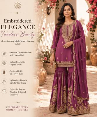 Purple embroidered chanderi free size stiched kurta sharara set with dupatta for women 2