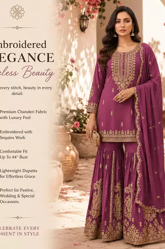 Purple embroidered chanderi free size stiched kurta sharara set with dupatta for women