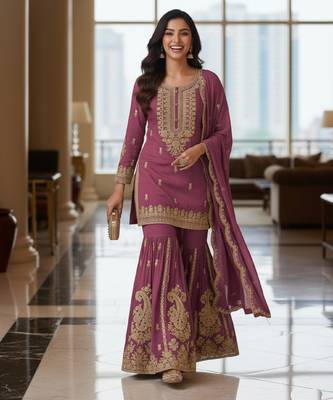 Purple embroidered chanderi free size stiched kurta sharara set with dupatta for women 3