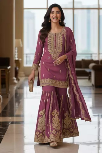 Purple embroidered chanderi free size stiched kurta sharara set with dupatta for women