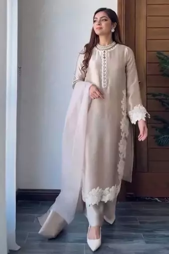 Cream heavy natural silk palazzo set with pearl moti hand work