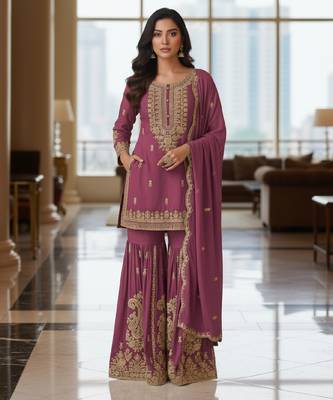 Purple embroidered chanderi free size stiched kurta sharara set with dupatta for women 4