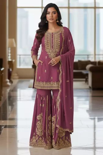 Purple embroidered chanderi free size stiched kurta sharara set with dupatta for women