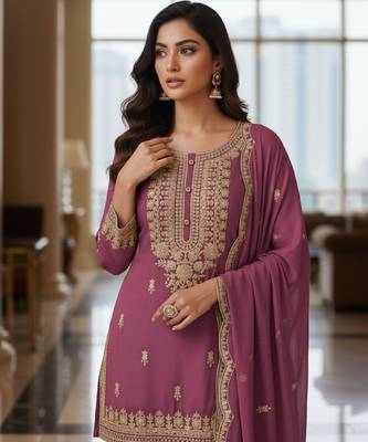 Purple embroidered chanderi free size stiched kurta sharara set with dupatta for women 5