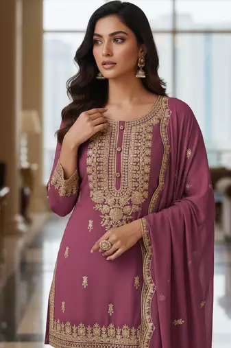 Purple embroidered chanderi free size stiched kurta sharara set with dupatta for women