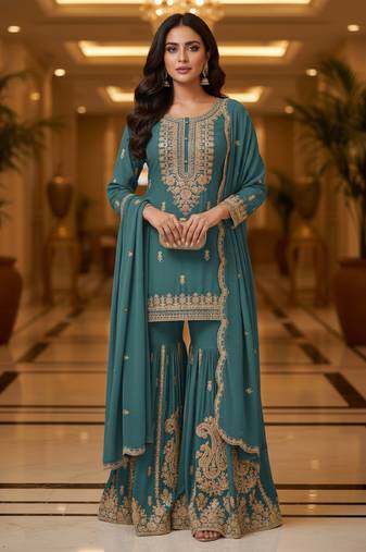 Blue embroidered chanderi free size stiched kurta sharara set with dupatta for women