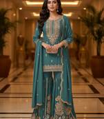 Blue embroidered chanderi free size stiched kurta sharara set with dupatta for women