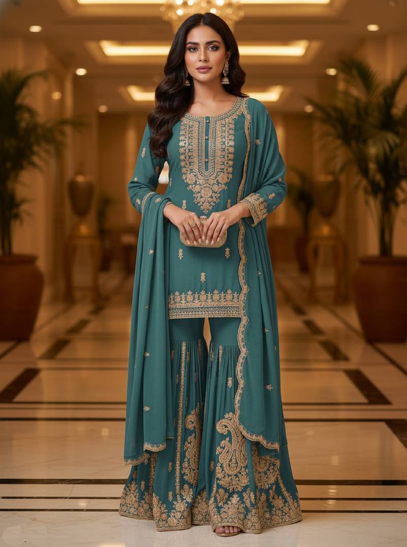 Blue embroidered chanderi free size stiched kurta sharara set with dupatta for women