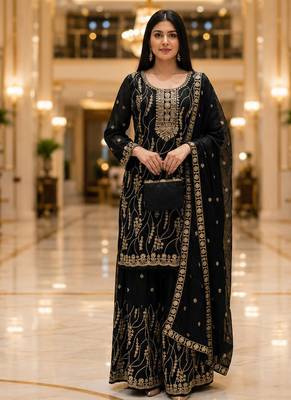 Black embroidered fandy silk stiched kurta sharara set with dupatta for women 3