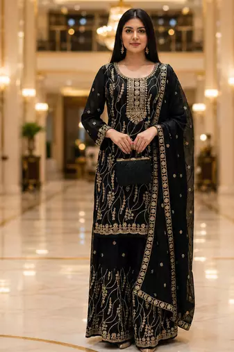 Black embroidered fandy silk stiched kurta sharara set with dupatta for women