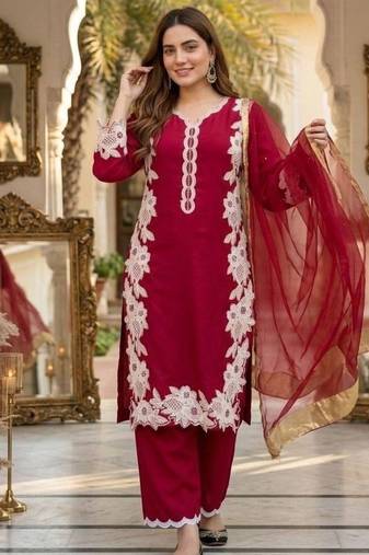 Dark pink heavy natural silk palazzo set with pearl moti hand work