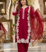 Dark pink heavy natural silk palazzo set with pearl moti hand work