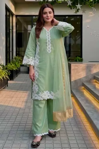 Mint green heavy natural silk palazzo set with pearl moti hand work