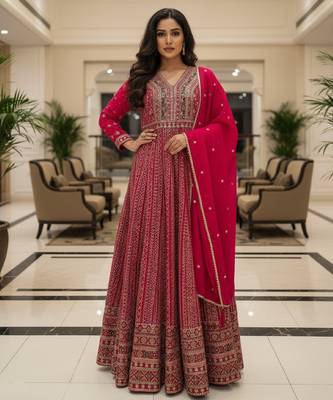 Elegant dark pink heavy georgette anarkali free size stiched kurta with dupatta for women 5