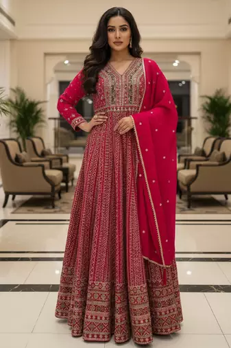 Elegant dark pink heavy georgette anarkali free size stiched kurta with dupatta for women