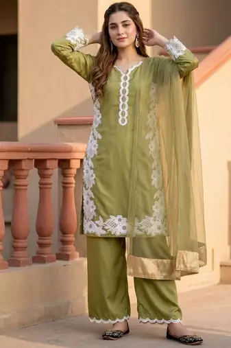 Olive green heavy natural silk palazzo set with pearl moti hand work