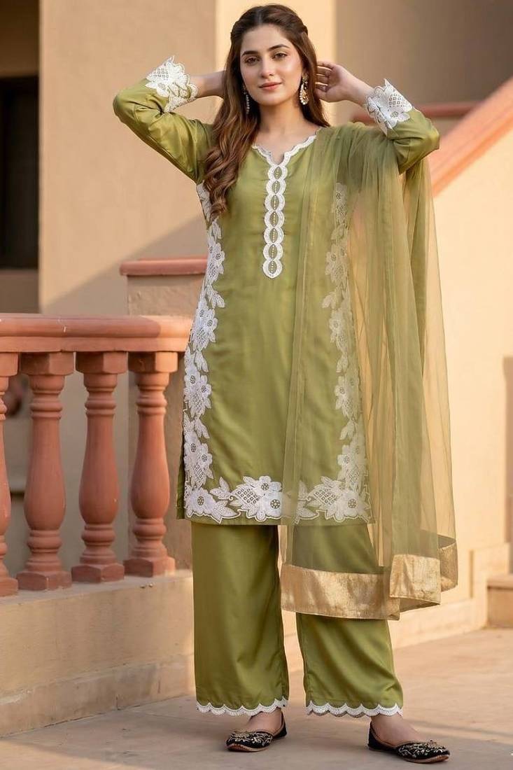 Olive green heavy natural silk palazzo set with pearl moti hand work