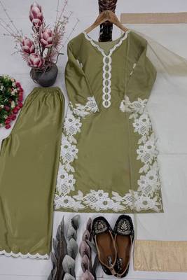 Olive green heavy natural silk palazzo set with pearl moti hand work 3