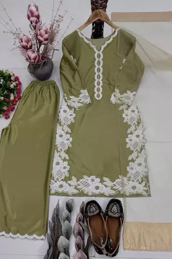 Olive green heavy natural silk palazzo set with pearl moti hand work