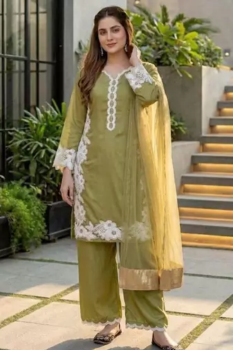 Olive green heavy natural silk palazzo set with pearl moti hand work