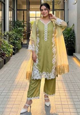 Olive green heavy natural silk palazzo set with pearl moti hand work 1