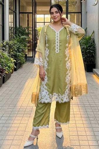 Olive green heavy natural silk palazzo set with pearl moti hand work