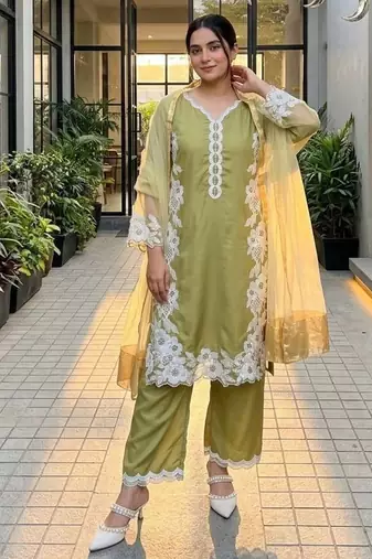 Olive green heavy natural silk palazzo set with pearl moti hand work